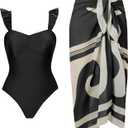 YUNAR Women Retro Deep Plunging One Piece Monokini Swimwear with Sarong 2 Pcs Set (Large, Black)