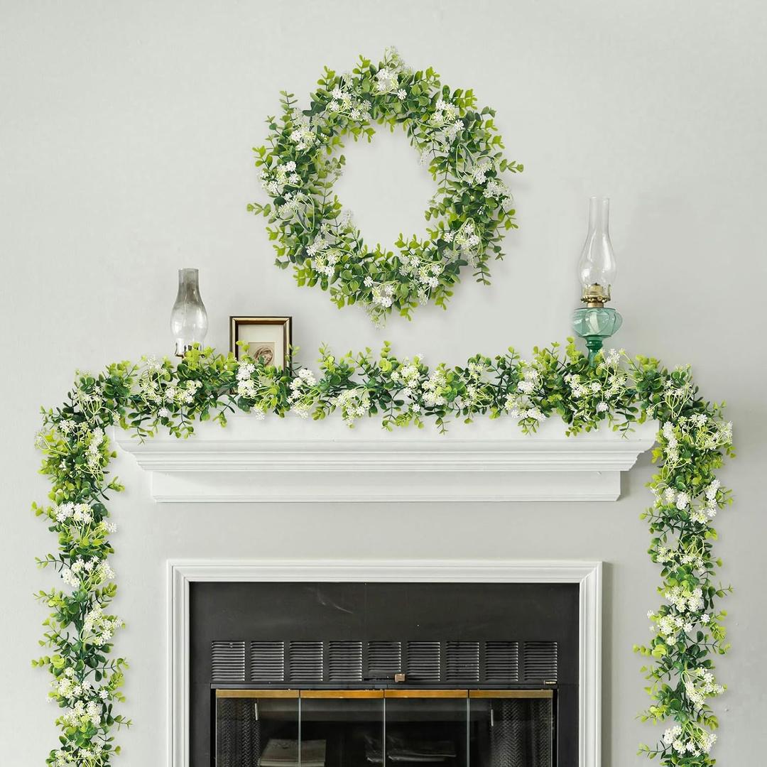 6FT Eucalyptus Garland with Flowers, 8 Pack Artificial Greenery Garland Hanging Faux Eucalyptus Garland Suitable for Table Wedding Backdrop Arch Wall Party UV Protected Indoor Outdoor Decor