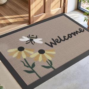 DEXI Front Door Mat Outside Entrance Welcome, Summer Floral Entryway Doormat Dirt Trapper, Heavy Duty Non Slip Large Entry Mats for Patio Garage Porch Home Decorative, 3x5, Bee and Flower