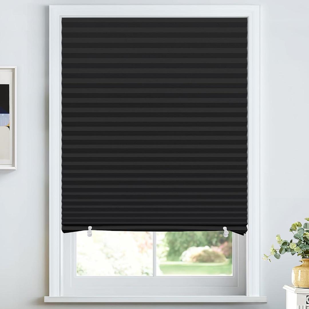 LazBlinds No Tools No Drill Cordless Lift Cut to Size Pleated Paper Blinds for Windows, Blackou Clip On Self Adhesive Temporary Window Blinds for Home(48" W x 72" H x 6 Pack, Black)