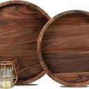 Set of 2 Large Round Black Walnut Wood Ottoman Tray 