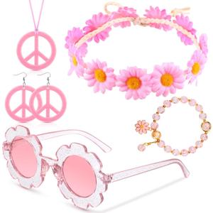 Tondiamo 5 Pcs Kids Hippie Costume Accessories 60s 70s Toddler Girl Outfit Boho Peace Sign Daisy Flower for Halloween Cosplay (Light Pink)