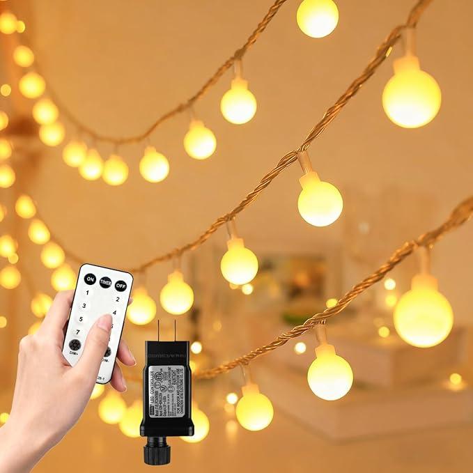 RaThun 49.2ft Warm White Globe String Lights, 100 LED with 16ft Extended Lead Wire & Remote, 8 Modes, IP44 Waterproof Plug in Linkable Lights for Outdoor Indoor Party Wedding