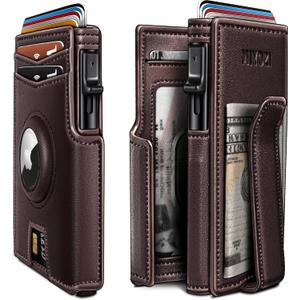 Airtag Wallet for Men,with Money Clip 10 Cards Metal Case Smart Slim Pop Up Credit Card Holder Flip with Magnetic Closure RFID Blocking wallet with Gift Box (Burgundy004)