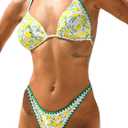 GORGLITTER Women's Thong Bikini Set Lemon Print Triangle Halter Top High Cut Swimsuit Bathing Suit Green X-Small