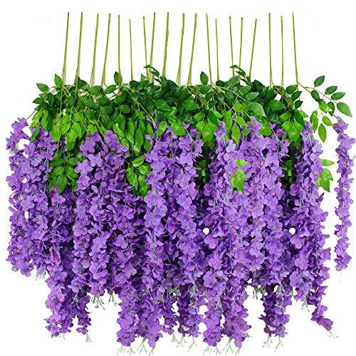 12pcs Artificial Wisteria Flowers 3.6 Feet/Piece Purple Dense Artificial Fake Wisteria Vine Ratta Hanging Garland Silk Flowers String Home Party Wedding Decor（Purple-Dense）