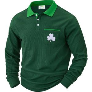 Arvilhill Men St Patrick's Day Polo Shirts Classic Irish Long Sleeve Collared Shirt (S-3XL) (Medium, Green - Embroidery Clover)