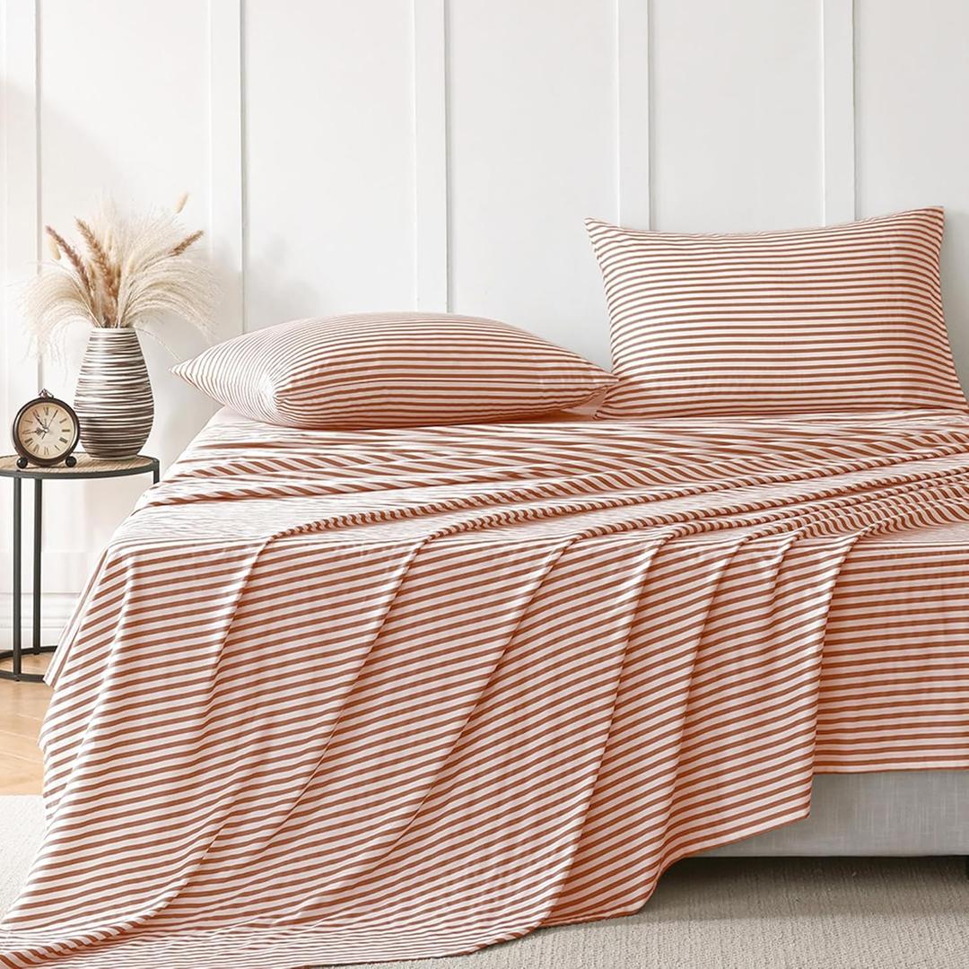 JELLYMONI Striped Sheets Set Queen Size, 4 Pieces 100% Cotton Bed Sheets - 16" Deep Pockets Fitted Flat Sheet & Pillowcase Bedding Set, Ultra-Soft, Machine Washable (0902)