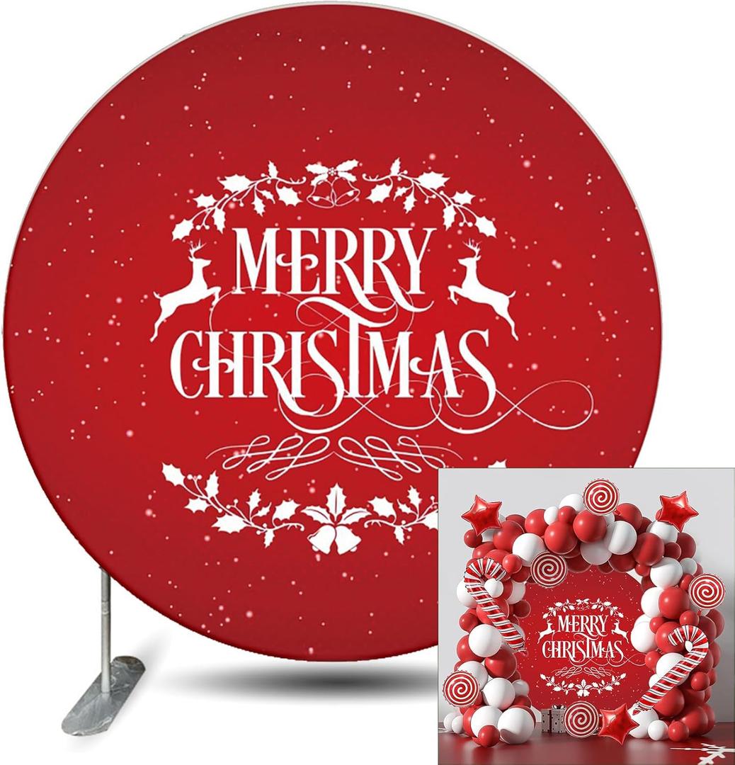 Renaiss Red Christmas Round Backdrop Cover 7.2 ft White Snow Reindeer Plants Poinsettia Polyester Circle Photography Background for Christmas Eve New Year Circle Backdrop Photo Prop