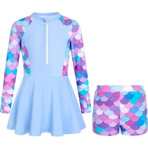 HOZIY Girls Long Sleeve Swimsuit Two Piece Rash Guard Dress with Swim Shorts Front Zip for Kids Tween Teens UPF 50+ 13-14 Years