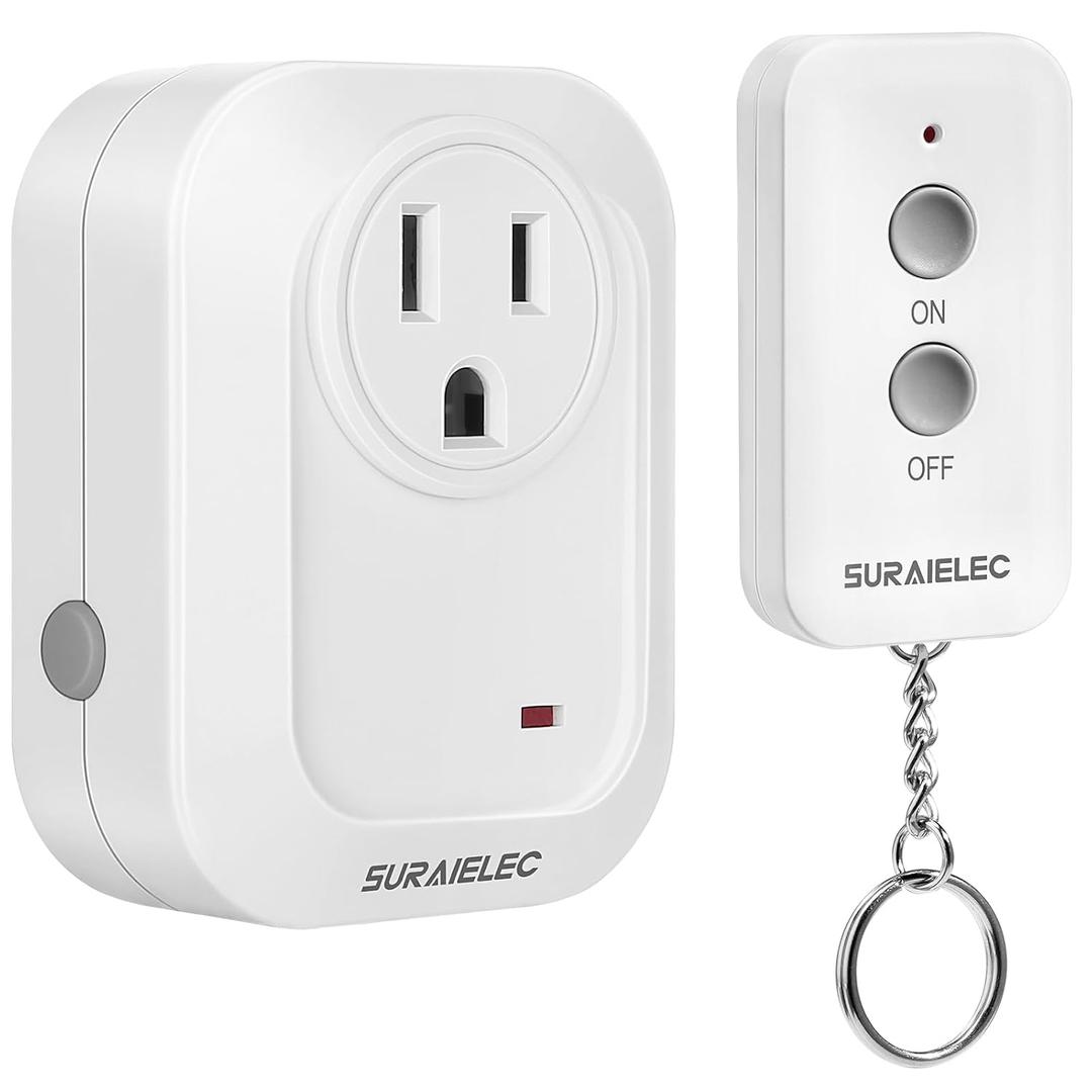 SURAIELEC Wireless Light Switch Remote Control Outlet, No Wiring Needed, 100ft RF Range, Pre-Programmed, Expandable Keychain Remote Switch Kit for Lamps, Fans, Christmas Trees, Small Appliances