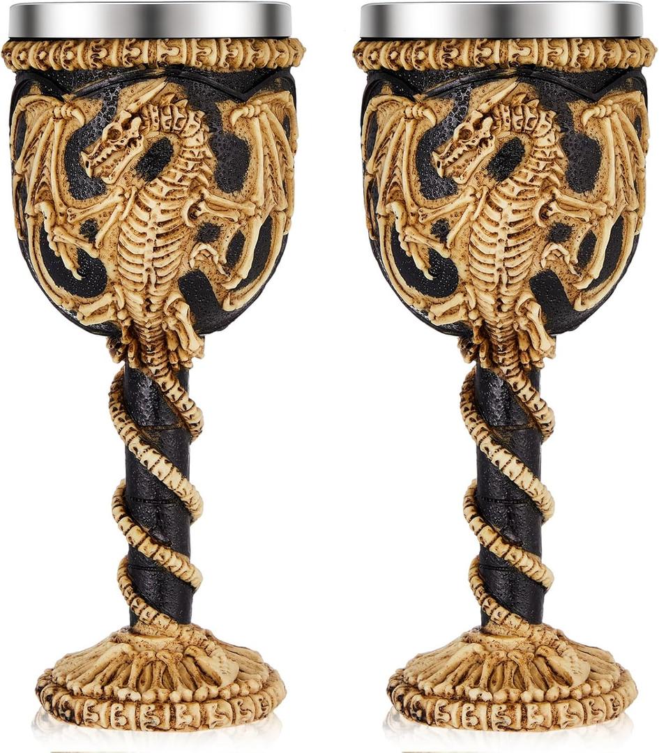 Jinei 2 Pcs Medieval Cups and Goblets Dragon Wine Goblet Chalice Goblet 7 oz Resin Dragon Cup Gothic Wine Glass Romantic Stainless Steel Drinking Cup for Medieval Party (Skull,Bronze)