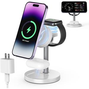 3 in 1 Wireless Charging Station Compatible with MagSafe, 15W Fast Charging Magnetic Mag-Safe Charger Stand for Apple iPhone 17 16 15 14 13 12Series Apple Watch AirPods Pro 4 3 2, Gifts for Men Women (White)
