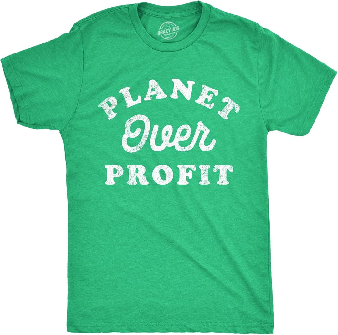 Mens Planet Over Profit Funny T Shirts Earth Day Graphic Tee for Men (Green, L)