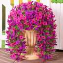 Dolicer 4 Pcs Look Real Artificial Flowers for Outdoors, Realistic Fake Artificial Hanging Flowers for Outdoors UV Resistant Silk Faux Hanging Plants Flowers for Porch Patio Garden (Purple+Fuchsia)