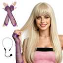 22 Inch Blonde Pop Star Wig with Bangs Costume Set - Y2K Country Singer Cosplay Outfit with Purple Rhinestone Fishnet Gloves & Fake Microphone - 2000s Icon Double Life Party Accessories for Women