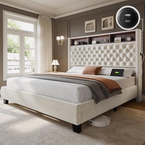 YITAHOME King Size Bed Frame with 58" Tall Headboard, Storage Headboard Bed with USB Charging Stations, Type-C Port, Velvet Upholstered Beds with Deep Button Tufted, No Box Spring Needed, Beige