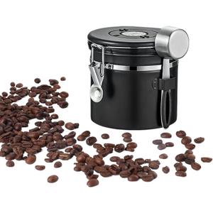 Airtight Coffee Canister With Date Tracker Lid Made From Stainless Steel 1250ml Coffee Storage Container Includes A Measuring Scoop Ideal For Keeping Your Ingredients Fresh (Black, 42fl oz)