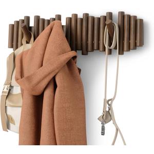 Umbra Picket Coat Rack with 8 Hooks  Walnut Wall-Mounted Coat Rack with Flip-Down Wooden Hooks, Real Pine Wood Decorative Wall Storage for Jackets, Hats, Scarves, Bags, Entryway, Bedroom Living Room