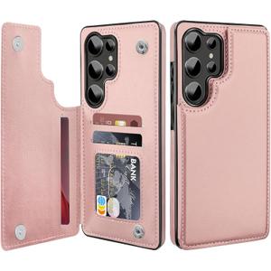 Bizzib for Samsung Galaxy S25 Ultra Case Leather Wallet with Card Holder, Flip Cover Kickstand Magnetic Closure Shockproof Heavy Duty Protective Case for Samsung Galaxy S25 Ultra,Rose Gold