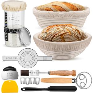 Sourdough Starter Kit with 2 Proofing Baskets, 36oz Sourdough Starter Jar, Bread Lame, Dough Scraper, Dough Whisk & Silicone Bread Sling