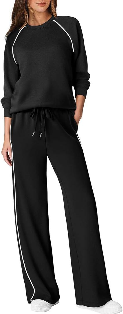 Sampeel Women 2 Piece Lounge Sets Sweatsuit Fall Outfits Matching Wide Leg pants Set Tracksuit Trendy Clothes (Medium, Black)