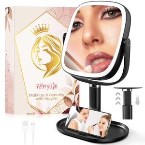 Horyliin Makeup Mirror with Lights - 10x/1x Magnifying Mirror with Light, Rechargeable Desk Mirror with 3-Color Lighting & Memory Function, 360° Adjustable Table Mirror, Gift for Women (Black)