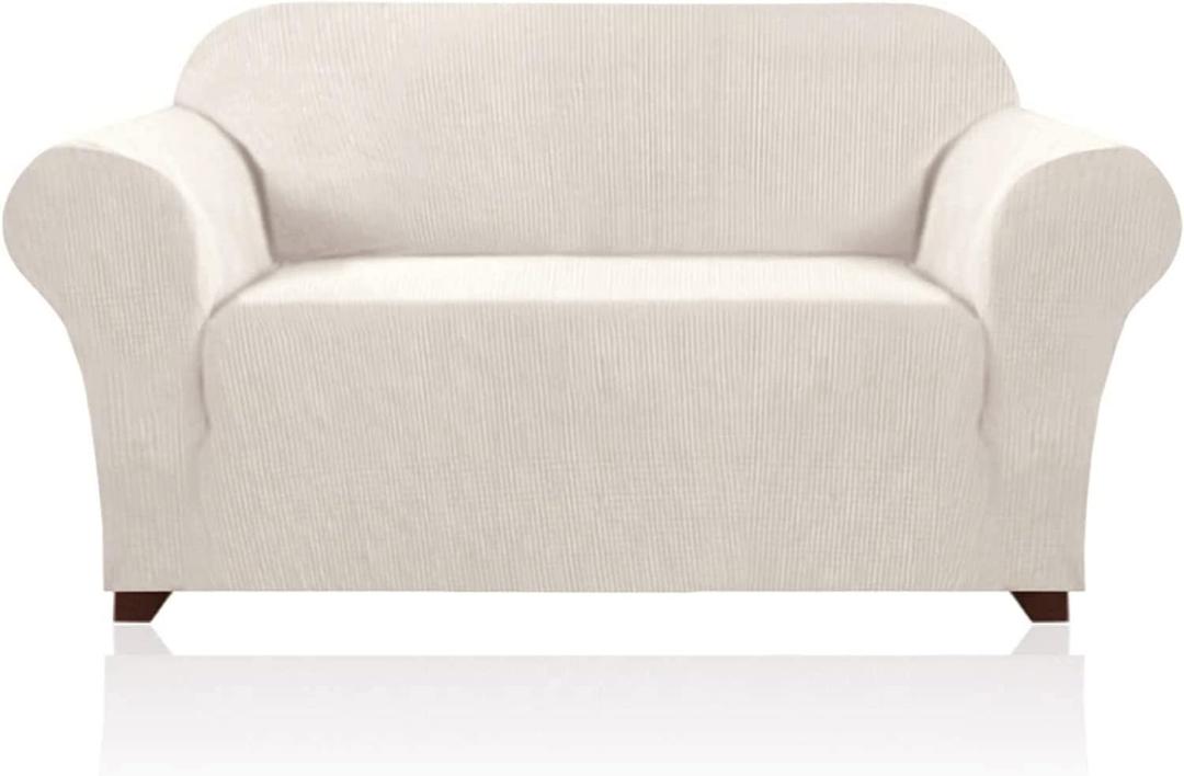 PrinceDeco Stretch Loveseat Sofa Cover Slipcover Couch Cover for 2 Cushion Sofa Washable Sofa Cover for Pets Friendly Furniture Protector Covers with Non Slip Bottom(Loveseat, Ivory)