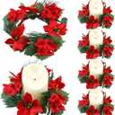 6 Pcs Christmas Candle Rings Artificial Red Poinsettia Candle Rings Christmas Table Centerpieces Decorations for Home Xmas Holiday Party Table Centerpiece