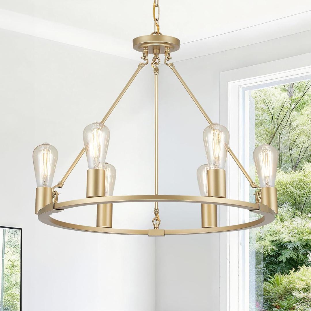 6-Lights Gold Chandelier | Dia 24'' Farmhouse Wagon Wheel Chandelier | Rustic Hanging Dining Room Light Fixture | Apply to Living Room | Kitchen Island | Entryway | Foyer, D24'' 6-Light
