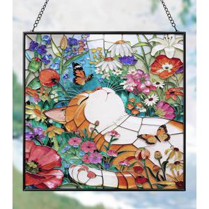 Cat Stained Glass Window Hanging, 7.9" Square Suncatcher with Chain Suction Cup, Cute Kitten Sun Catchers Indoor Window, Colorful Cat Decor for Wall, Porch, Birthday, Orange Tabby