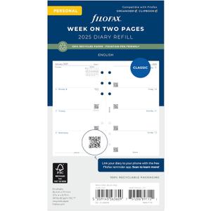 Filofax Calendar Diary Refill, Personal/Compact Size, Week-to-View, White Paper, Unruled, English, 2025 (C68421-25)