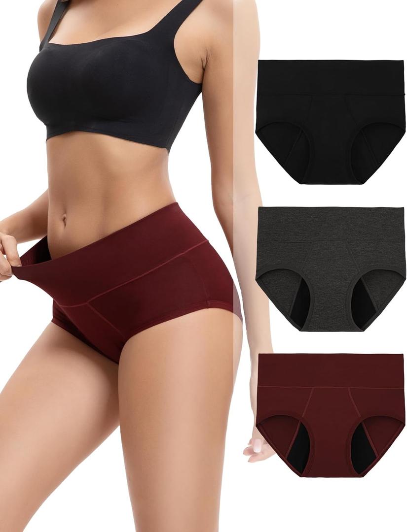 INNERSY Women's Bamboo Viscose Heavy Flow Period Underwear High Waisted Leakproof Panties 3 Pack (Large, Black/Gray/Red)