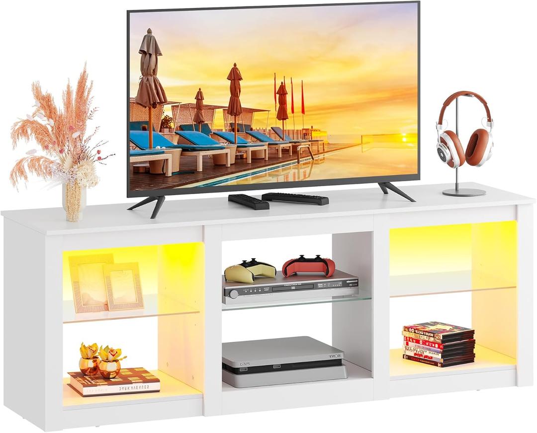 WLIVE LED TV Stand for 65 Inch TV, Modern Entertainment Center with Adjustable Glass Shelves & Customizable LED Lights, Sturdy Media Console for Living Room, Bedroom,Gaming (White)