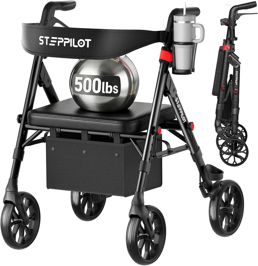Bariatric Rollator Walker with Seat for Seniors, 500lb Capacity Aluminum Frame, Zero Wobble, 16lb Lightweight, 8" All Terrain Wheels, 10-Level Adjustable Handle/Seat, Cup Holder, Cane Clip