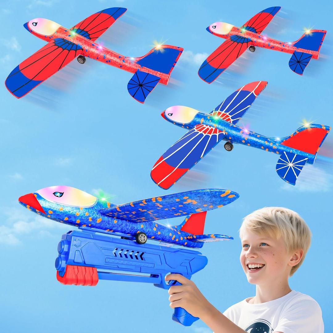 Airplane Launcher Toy for Kids, 3 Pack Spider Foam Gliders Air Planes with Led, 2 Flight Modes 3 4 5 6 7 Year Old Boys Girls Outdoor Flying Toys Outside Sport Games Birthday