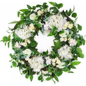 24 Inch Spring Summer Wreaths for Front Door, Spring Wreath,Summer Door Wreaths Outside,Large Floral Flowers Wreath with White Hydrangea for All Seasons Indoor Outdoor Home Decor