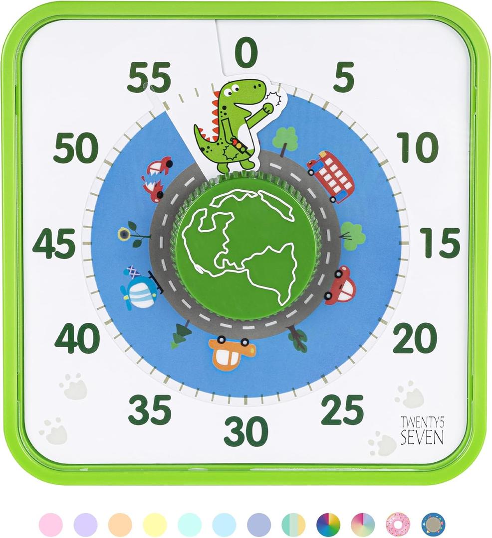 TWENTY5 SEVEN Countdown Timer 7.5 inch, 60 Minute 1 Hour Visual Timer for Classroom Teaching Tool Office Meeting, Mechanical Countdown Clock for Kids Exam Time Management Magnetic, Green Dinosaur