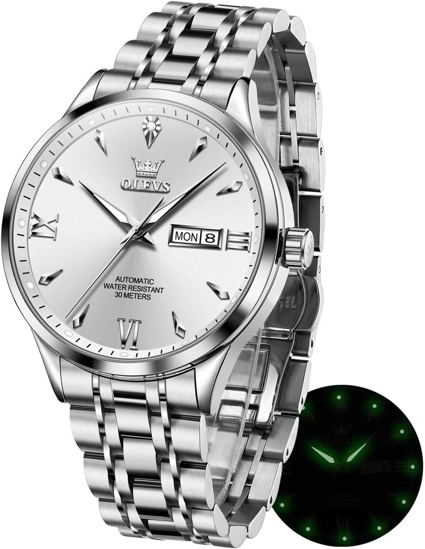 OLEVS Automatic Watches for Men Self Winding Mechanical Wristwatch Luxury Business Dress Stainless Steel Luminous Waterproof Calendar Mens Watch (Silver White)