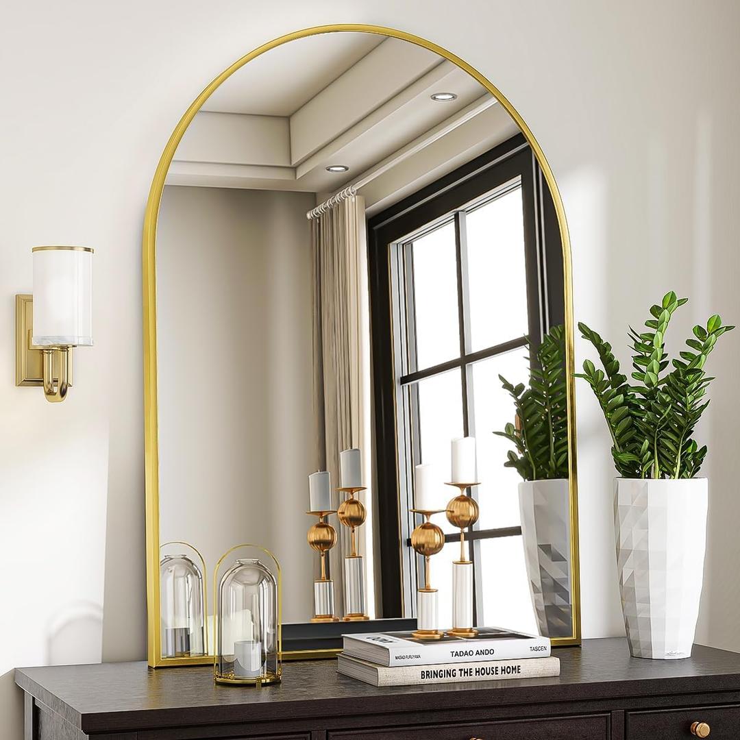 Arched Wall Mirror, 30 x 38 inch Arch Bathroom Mirror, Wall Mounted Vanity Mirror with Arch Metal Frame, Modern Bathroom Vanity Mirror for Bedroom, Living Room, Hanging or Leaning, Gold