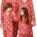 ANGELGGH Silk Christmas Pajamas for Family Matching Satin Holiday PJs Sets 2 Pcs Festival Party Button Down Sleepwear (Women, XL, Silk Red Snowman)