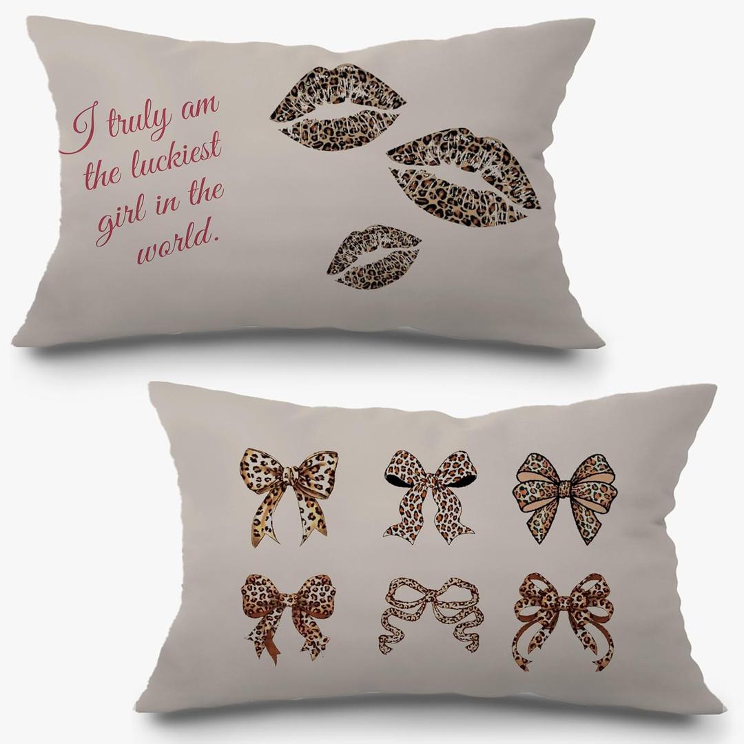Coquette Leopard Bow Lips Pillow Covers 12x20 Set of 2, Leopard Room Decor, Trendy Preppy Cheetah Print Bows Lips Decorative Lumbar Pillow Covers for Girls Bedroom Dorm Apartment