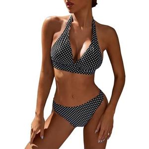 KOKITA Women's Mid Rise Bikini Suit Halter Neck V Tie Push Up Front Classic Polka Dot Two Swimsuit, Size L