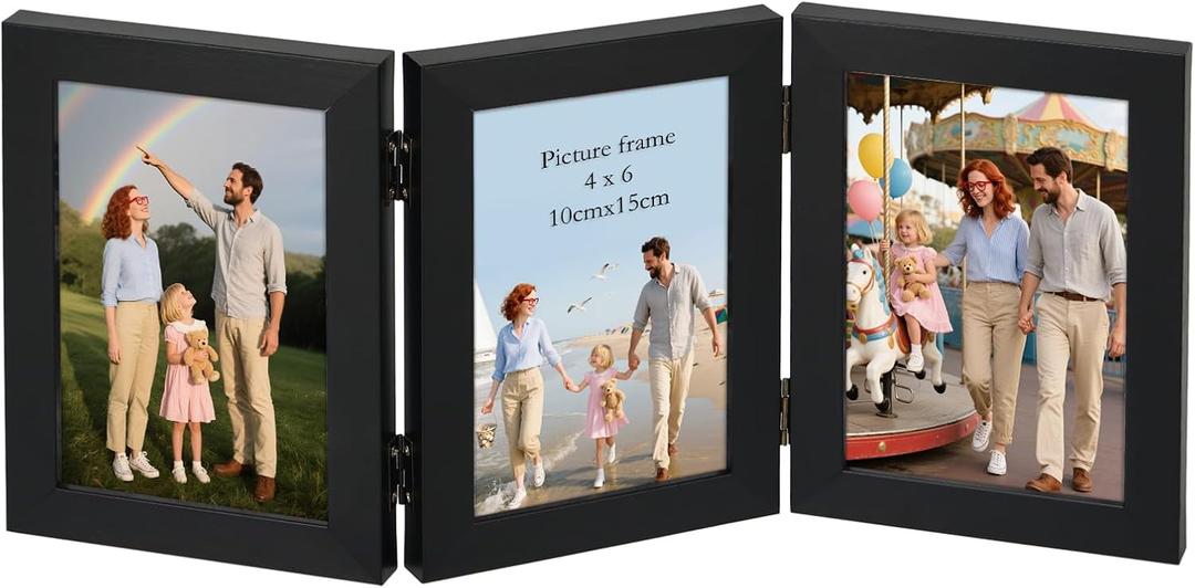 Giftgarden 3 4x6 Picture Frame Folding, Triple Hinged Photo Frames for Desktop Display Gifts for Mom Mother Christmas Family Photo Collage, Black
