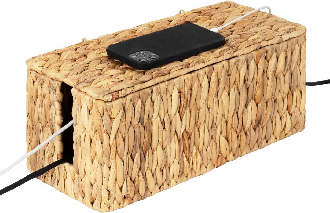 StorageWorks Large Cable Management Box, 2 Slots Wicker Cable Organizer to Hide Cords and Power Strip, Water Hyacinth Cord Hider Box for Home & Office