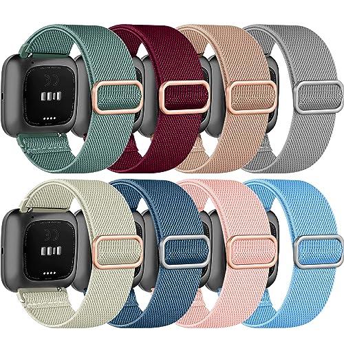Zspoly 8 Pack Elastic Bands Compatible With Fitbit Versa 2/Lite/SE for Women Men, Adjustable Stretchy Nylon Braided Strap Solo Loop Sport Replacement Wristband for Smart Watch