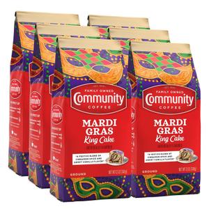 Community Coffee Mardi Gras King Cake Flavored 72 Ounce, Medium Roast Ground Coffee, 12 Ounce (Pack of 6) (EXP 11/12/26)