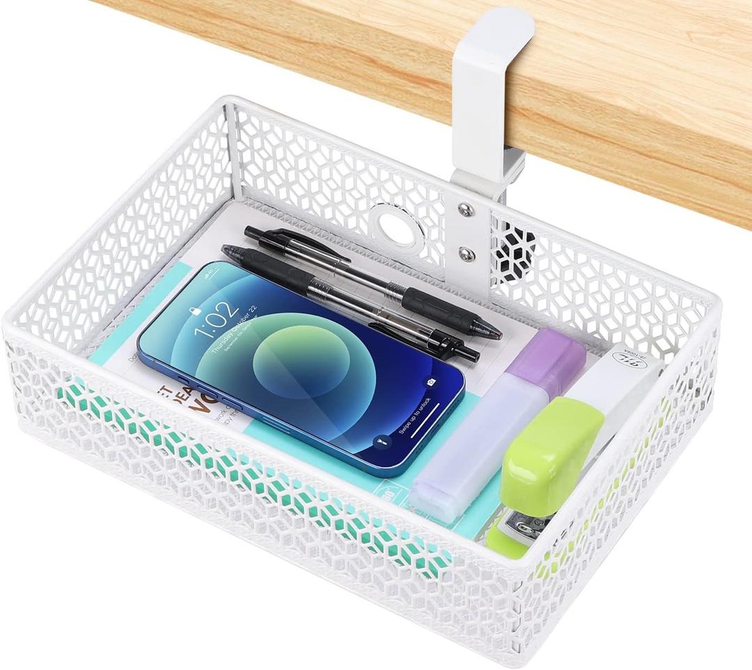 OSYLINE Heavy Duty Clamp On Under Desk Drawer Organizer Storage Tray Basket with Non-Slip Pad Hanging Mount for Home Office Studio Bedroom or Dorm (white)