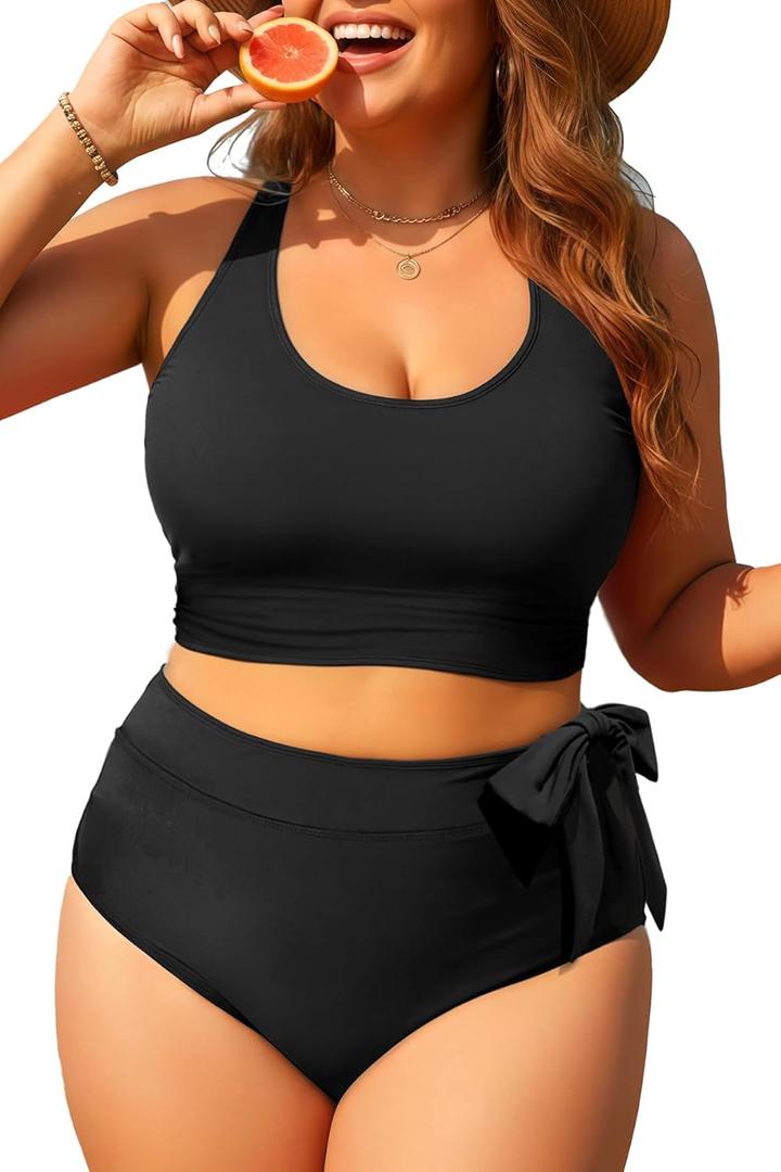 Plus Size Two Piece Swimsuits - Women High Waisted Bikini Scoop Neck Bathing Suit Swimwear (Black, 24W)