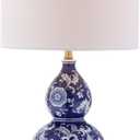 JONATHAN Y 27" Blue/White Ceramic Chinoiserie Table Lamp, Traditional Floral Double Gourd Vase Lamp with White Linen Drum Shade, Brass Gold Base, LED Bulb Included JYL3003A